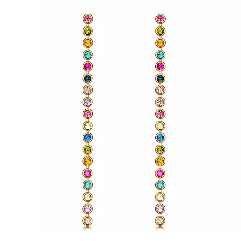 🆕 Exquisite Dainty 14k Bezel Set Multi Colored Round Zircon Dangle Earrings NWT